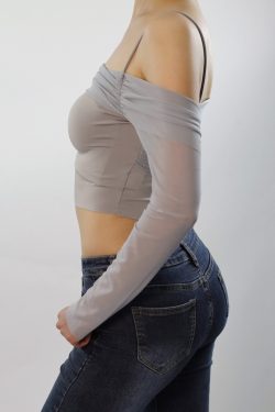 Y2K Mesh Off-Shoulder Crop Top - Gray Long Sleeve Blouse