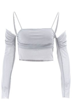 Y2K Mesh Off-Shoulder Crop Top - Gray Long Sleeve Blouse