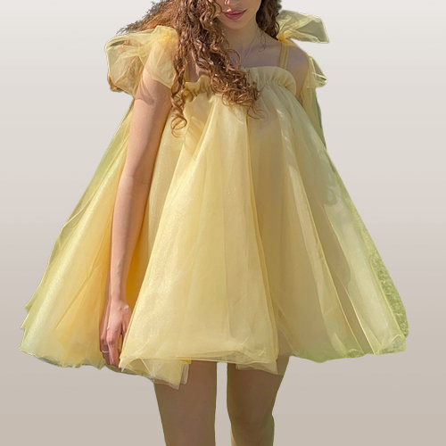 Y2K Mesh Puffy Dress with Lace Trim - Sleeveless Mini Ball Gown