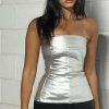 Y2K Metallic Silver Tube Top - Sexy Backless Strapless Clubwear