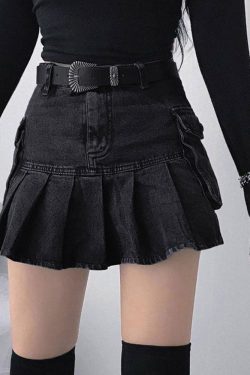 Y2K Mini Denim Cargo Skirt - Sexy Goth Black Shorts