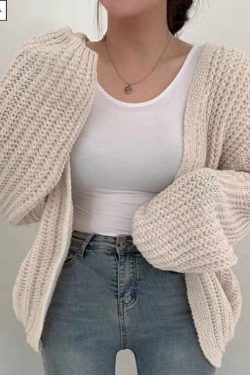 Y2K Minimalistic Knitted Beige Cardigan - Vintage Casual Sweater