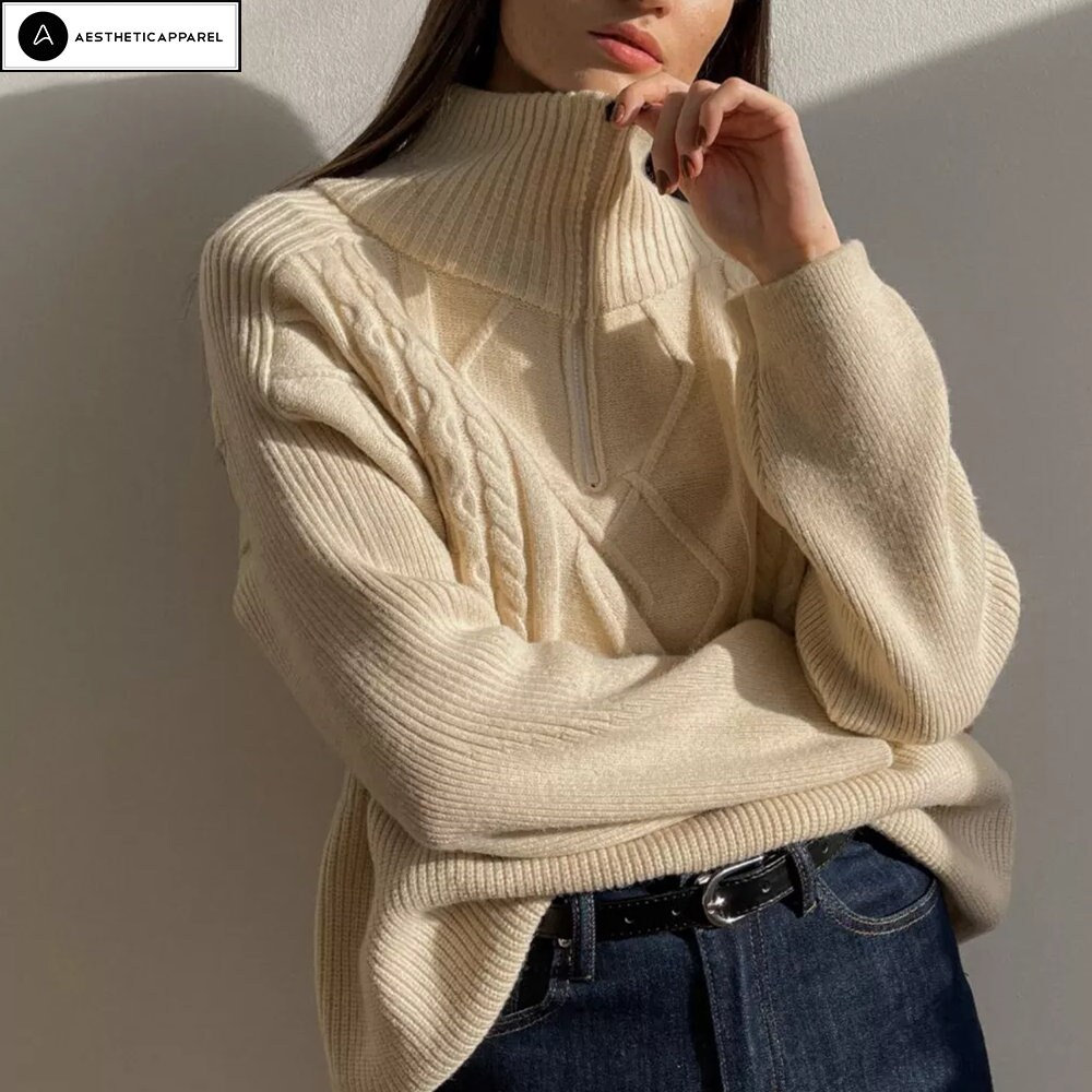 Y2K Minimalistic Vintage Beige Turtleneck Sweater Streetwear