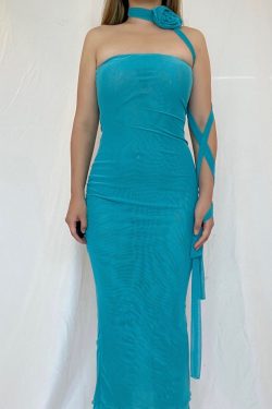 Y2K Off-Shoulder Mesh Maxi Mermaid Dress in Blue/Black