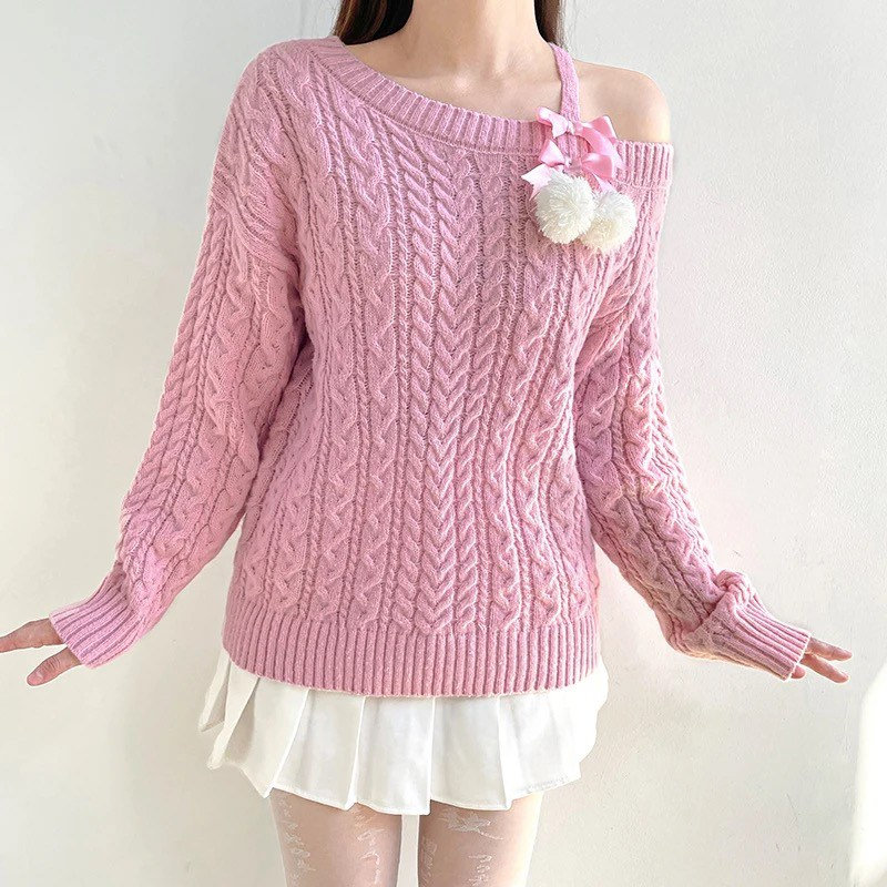 Y2K Pastel Pink Knit Coquette Bow Pullover Sweater
