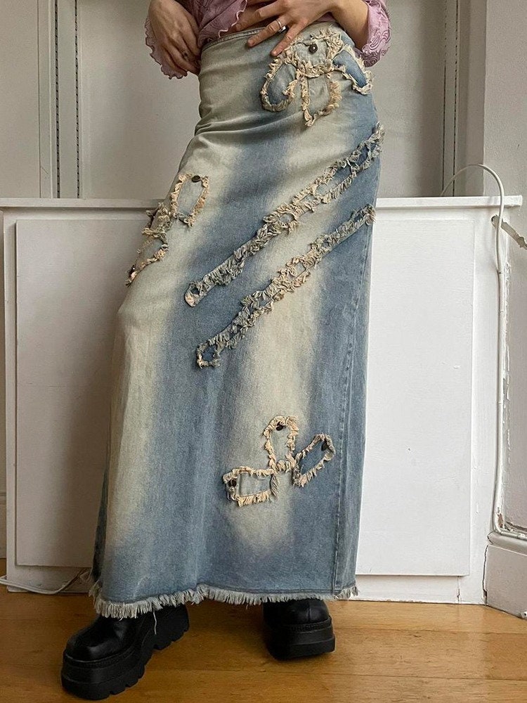 Y2K Patchwork Embroidered Denim Skirt - Vintage Fairycore Fashion