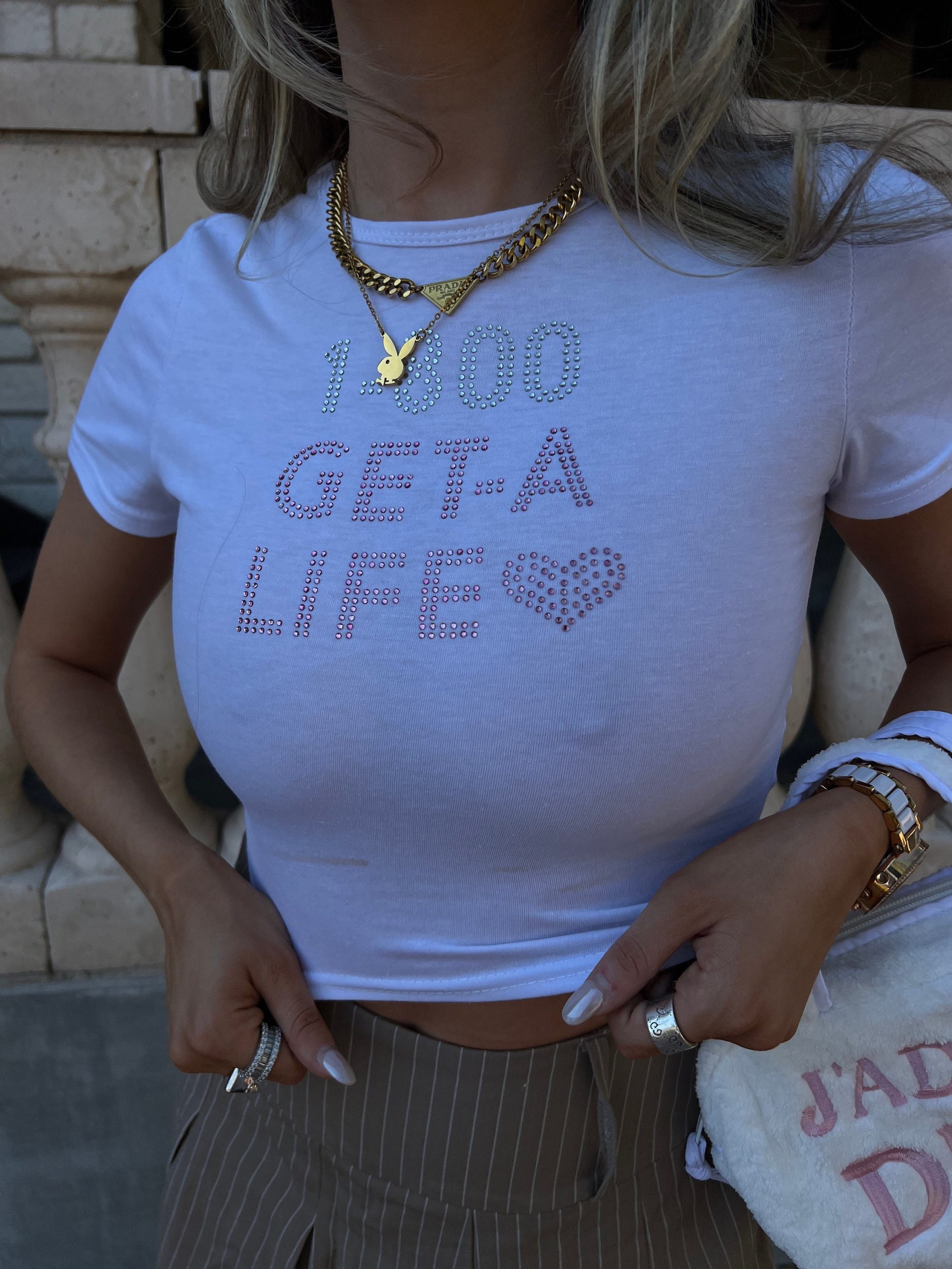 Y2K Pink & White 'Get A Life' Rhinestone Cropped T-Shirt
