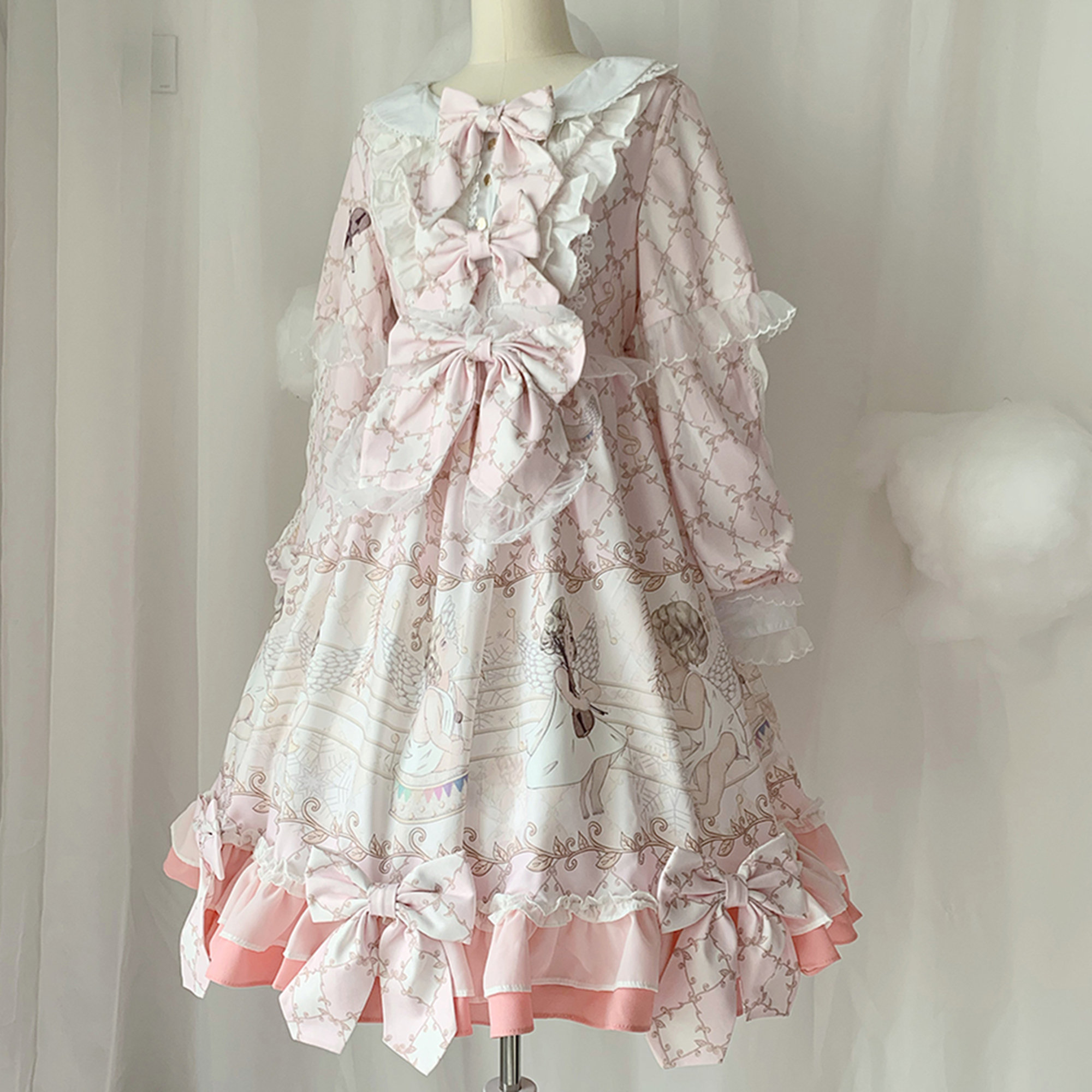 Y2K Pink Lolita Lace Bowknot Babydoll Prom Dress