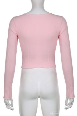 Y2K Pink Long Sleeve Wrap Crop Top - Preppy Style