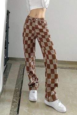 Y2K Plaid Denim High Waisted Pants - Retro Streetwear