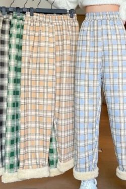 Y2K Plaid Fleece Pajama Pants - Preppy Wide Leg Trousers