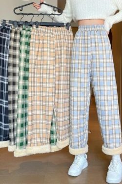 Y2K Plaid Fleece Pajama Pants - Preppy Wide Leg Trousers