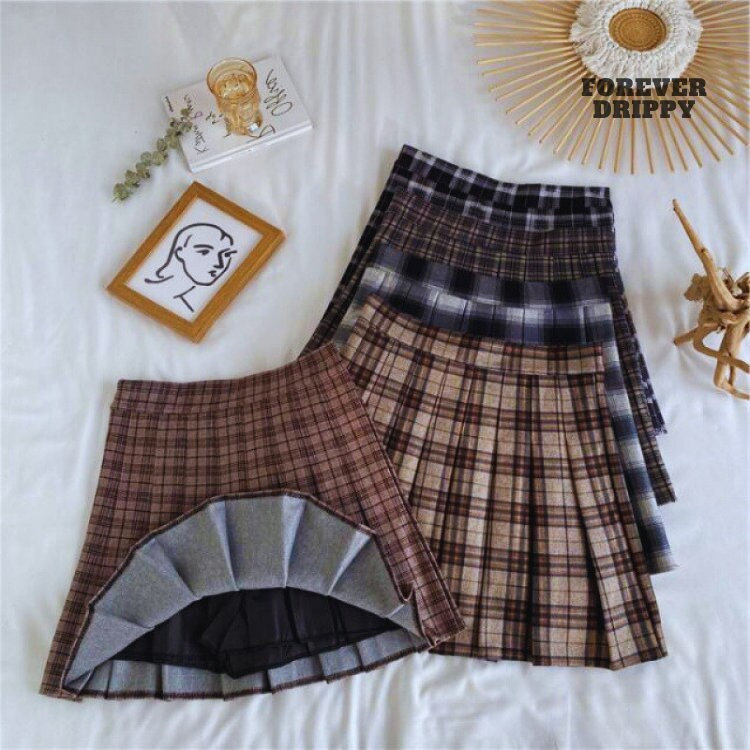 Y2K Plaid Mini Skirt High-Waisted Pleated Boho Style
