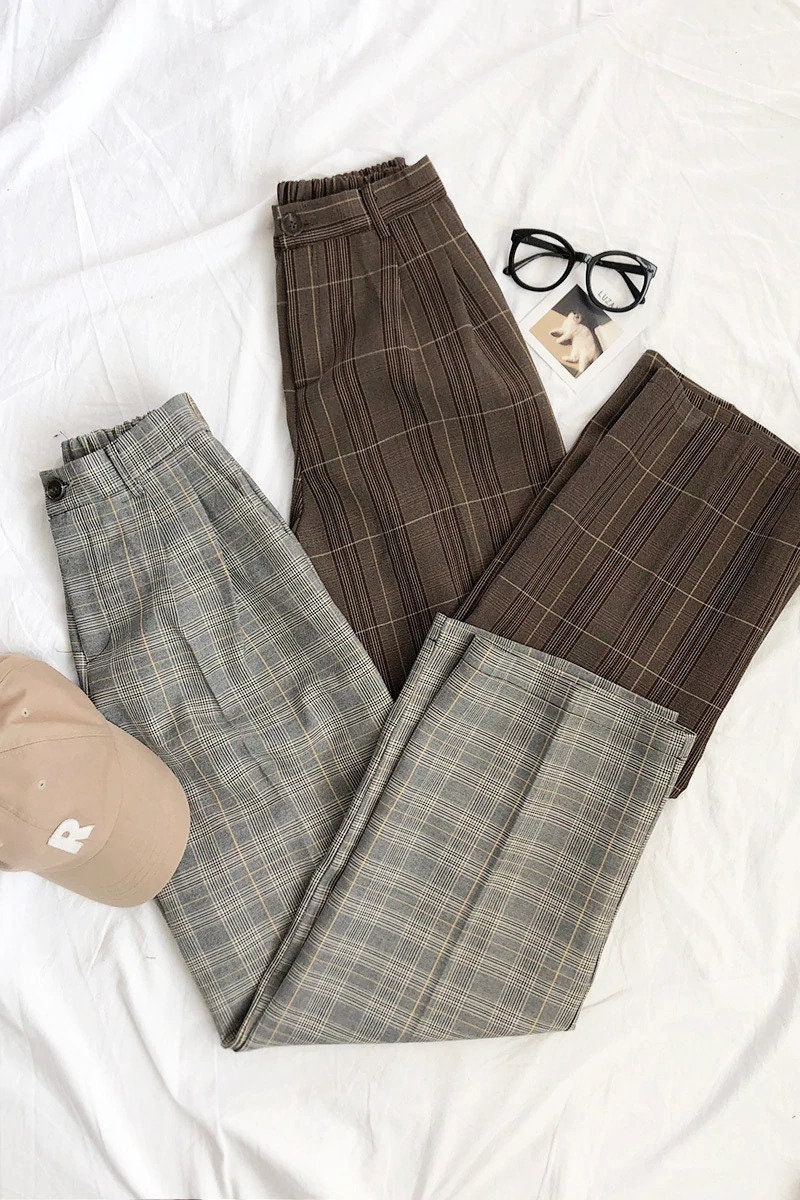 Y2K Plaid Trousers - Vintage High Waist Office Lady Pants