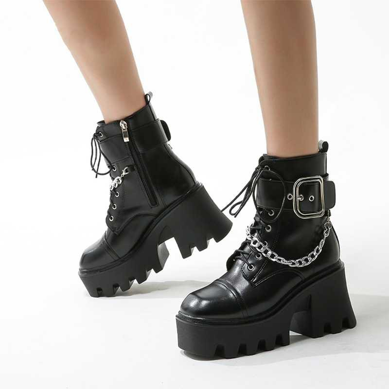 Y2K Platform Ankle Boots with Chain Belt Buckle, Goth Style