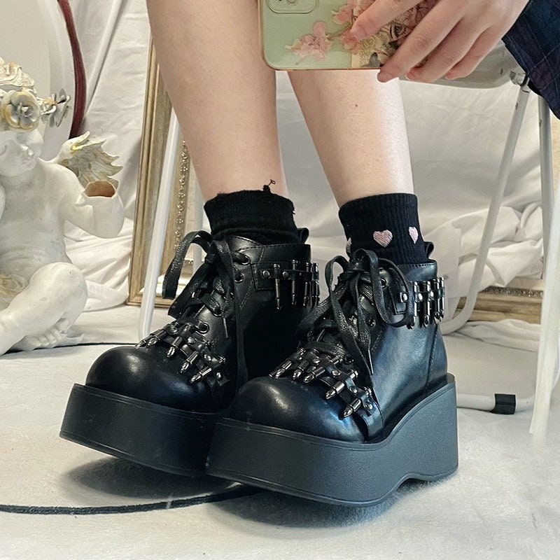 Y2K Platform Boots Gothic Chunky Shoes Biker Boot High Heels