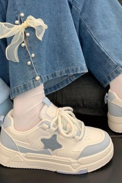 Y2K Platform Sneakers Star Patches - Kawaii Harajuku Lace Up Shoes
