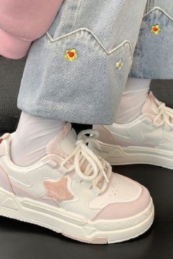 Y2K Platform Sneakers Star Patches | Harajuku Aesthetic Shoes