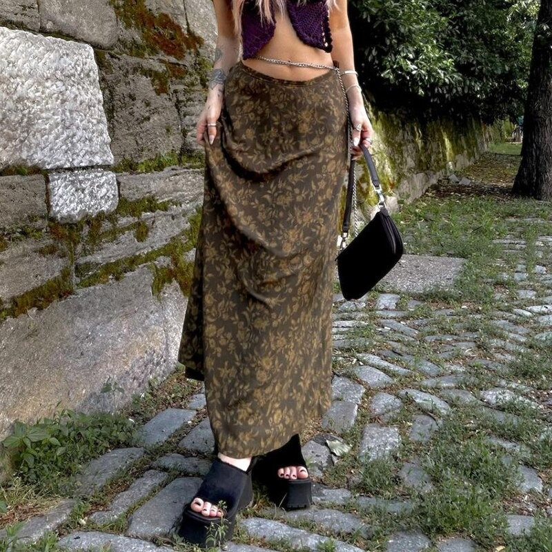 Y2K Preppy Style Low Waist Floral Midi Skirt Fairycore