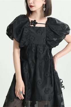 Y2K Princess Dress with Black Bubble Mesh Sleeves