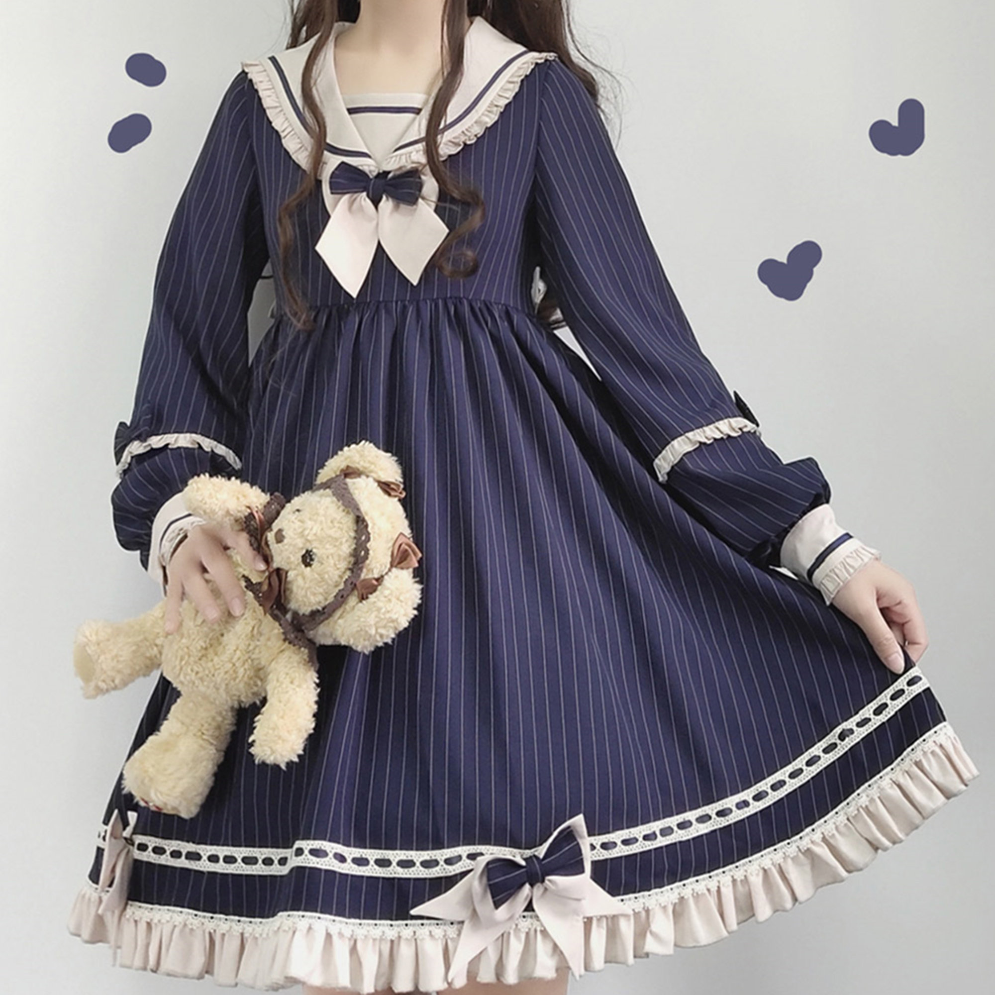 Y2K Puff Sleeve Babydoll Sailor Dress Lolita Uniform Costume