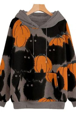 Y2K Pumpkin Cat Hoodie Sweatshirt - Women's Emo Goth Punk Pullover