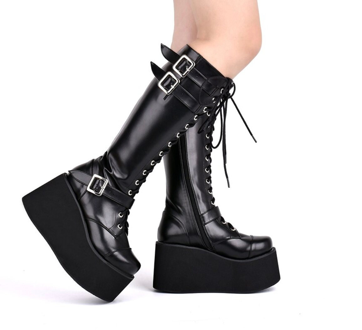 Y2K Punk Boots with Lace-Up Zipper, High Heel Platform, and Round Toe