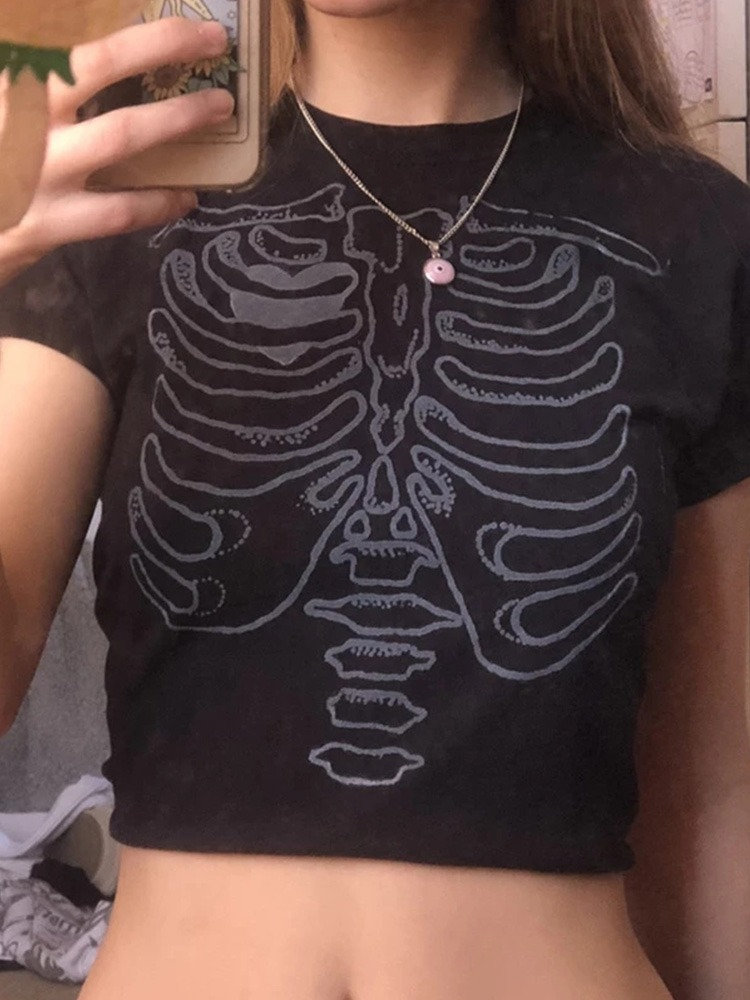Y2K Punk E-girl Gothic Skeleton Print Crop Top Shirt