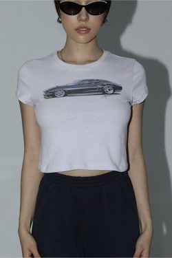 Y2K Race Car Print T-Shirt - White Cropped, 90s Aesthetic, E-Girl