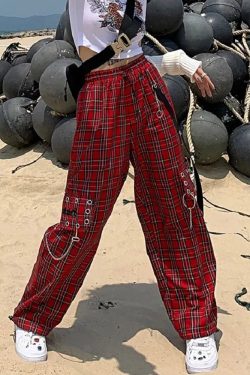 Y2K Red Checkered Buckle Cargo Pants for Women