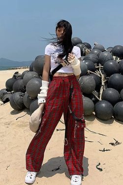 Y2K Red Checkered Buckle Cargo Pants for Women