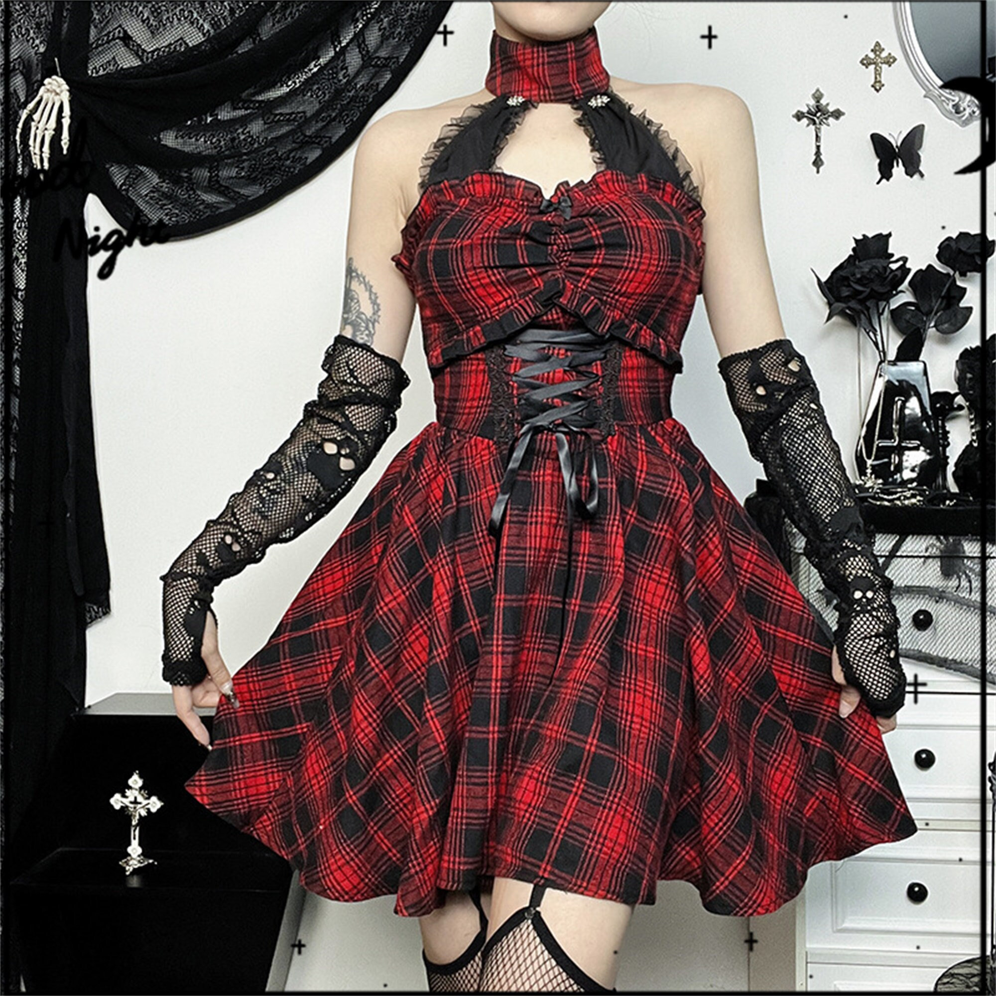 Y2K Red Grid Dress - Fashionable Elegant Lace-up Puffy Style