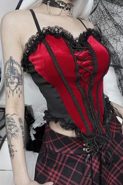 Y2K Red Lace Trim Corset Crop Top Fashion Apparel