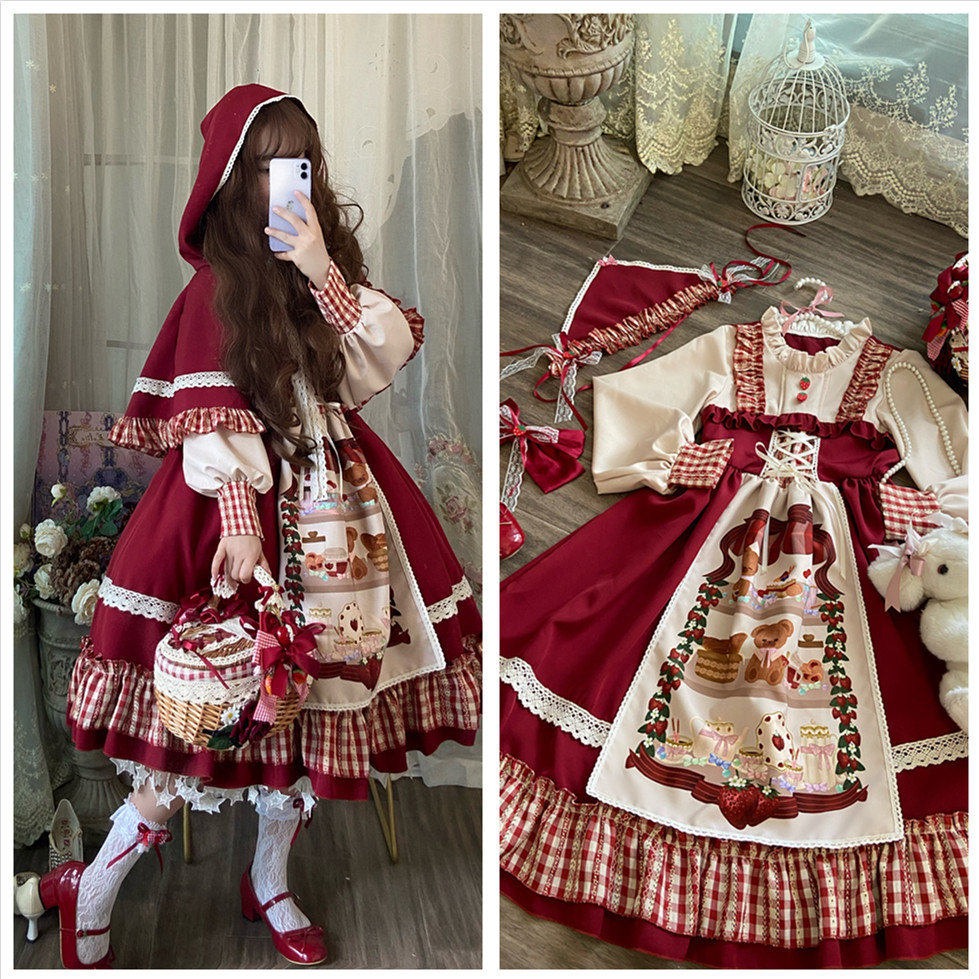 Y2K Red Lolita Hooded Princess Dress for Christmas Party