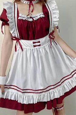 Y2K Red Lolita Maid Dress with Choker - Cosplay Costume