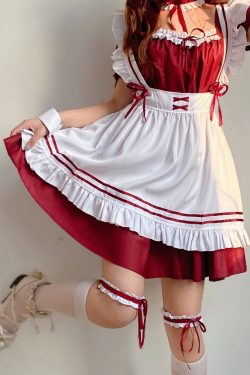 Y2K Red Lolita Maid Dress with Choker - Cosplay Costume
