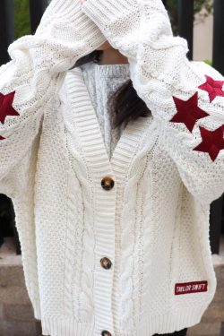 Y2K Red Star Embroidered Fashion Cardigan Sweater