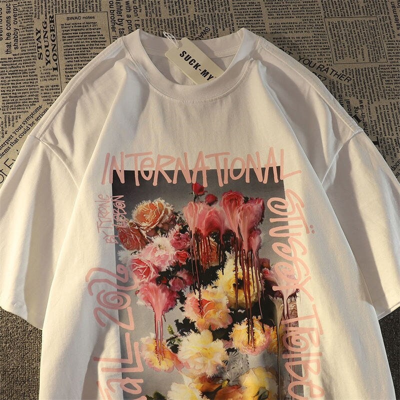 Y2K Retro Flower Print Loose Summer T-Shirt for Men
