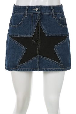 Y2K Retro Star Patchwork Bodycon Mini Denim Skirt