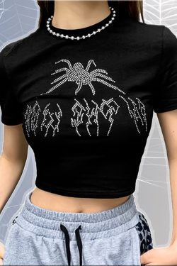 Y2K Rhinestone Spider Goth Crop Top - 90s Punk Style