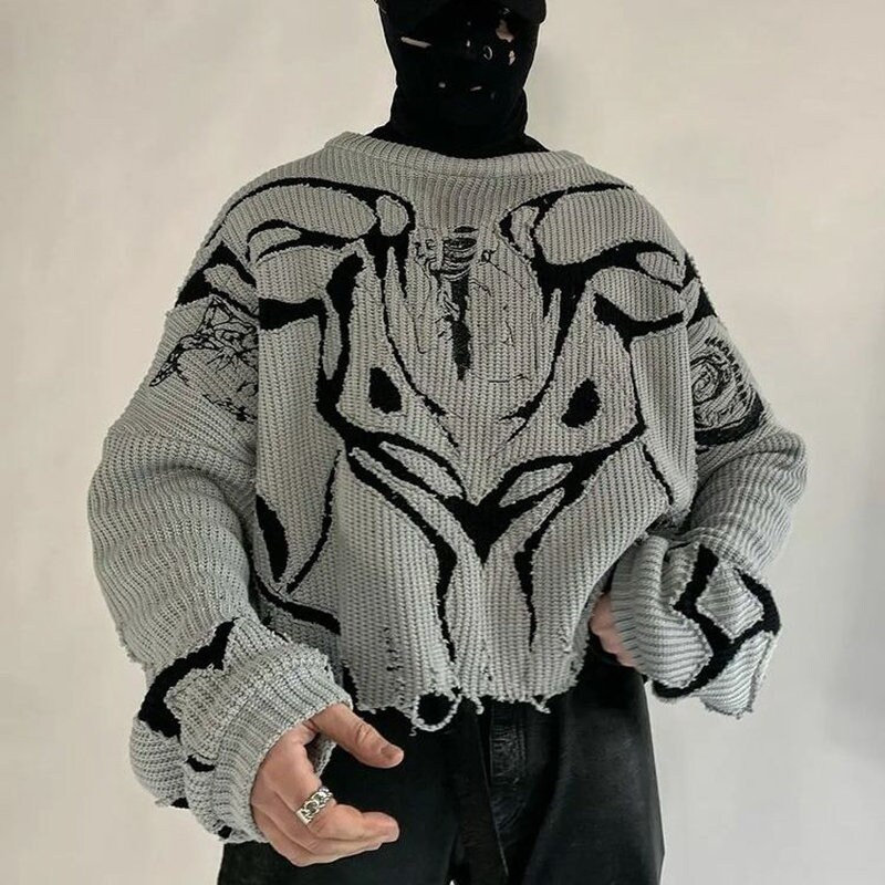Y2K Ripped Sweater Harujuku Hole Sweatshirt Black Streetwear Pullover