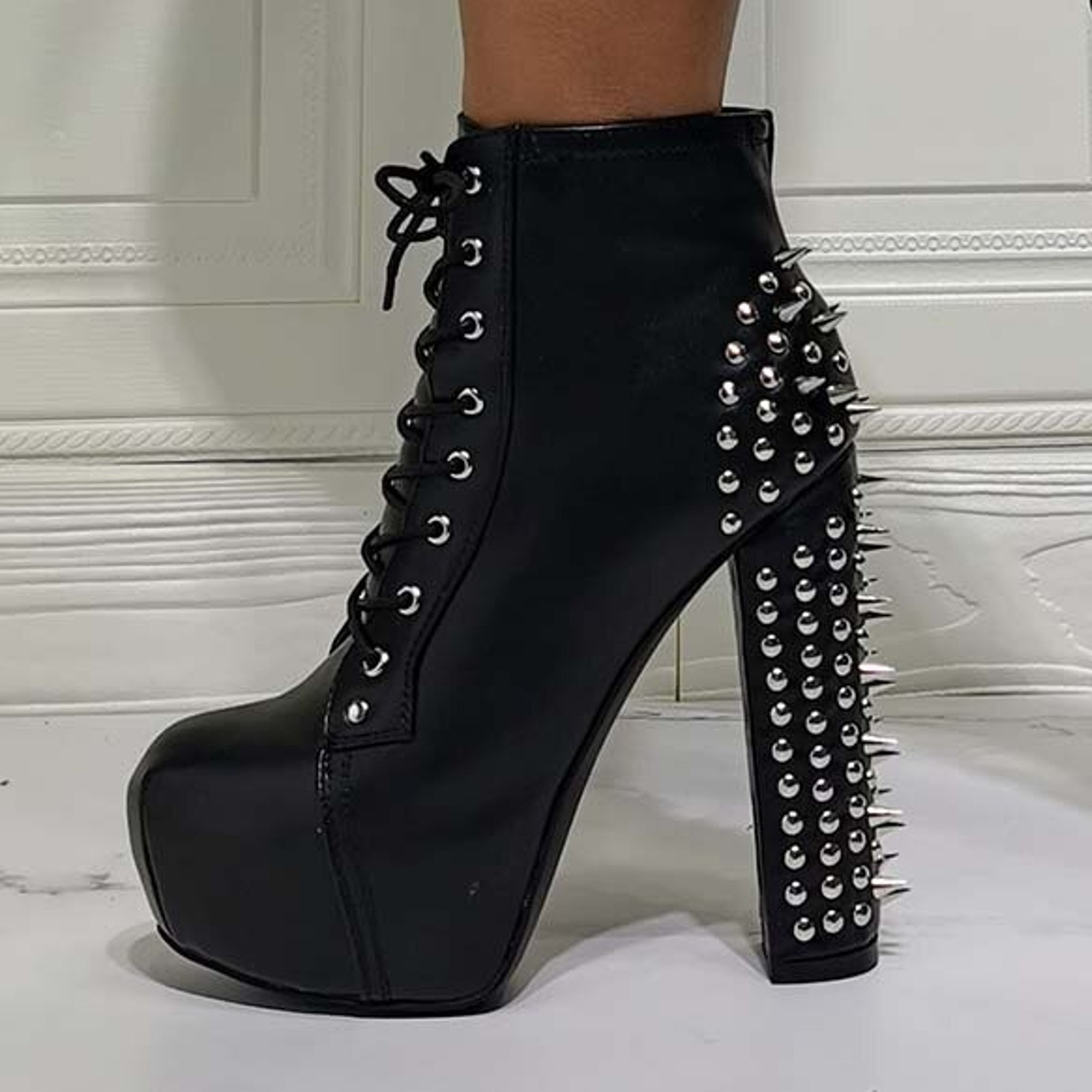 Y2K Rivetted Lace-Up Super High Heel Ankle Boots