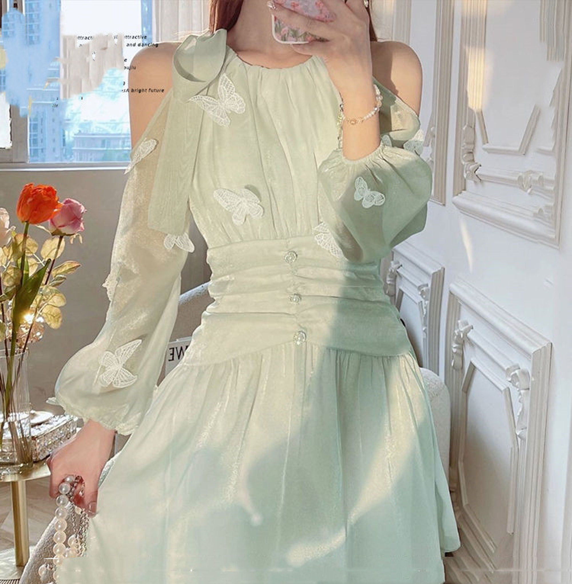 Y2K Sea Green Butterly Lace Tulle Dress Mini Korean Princess Dress