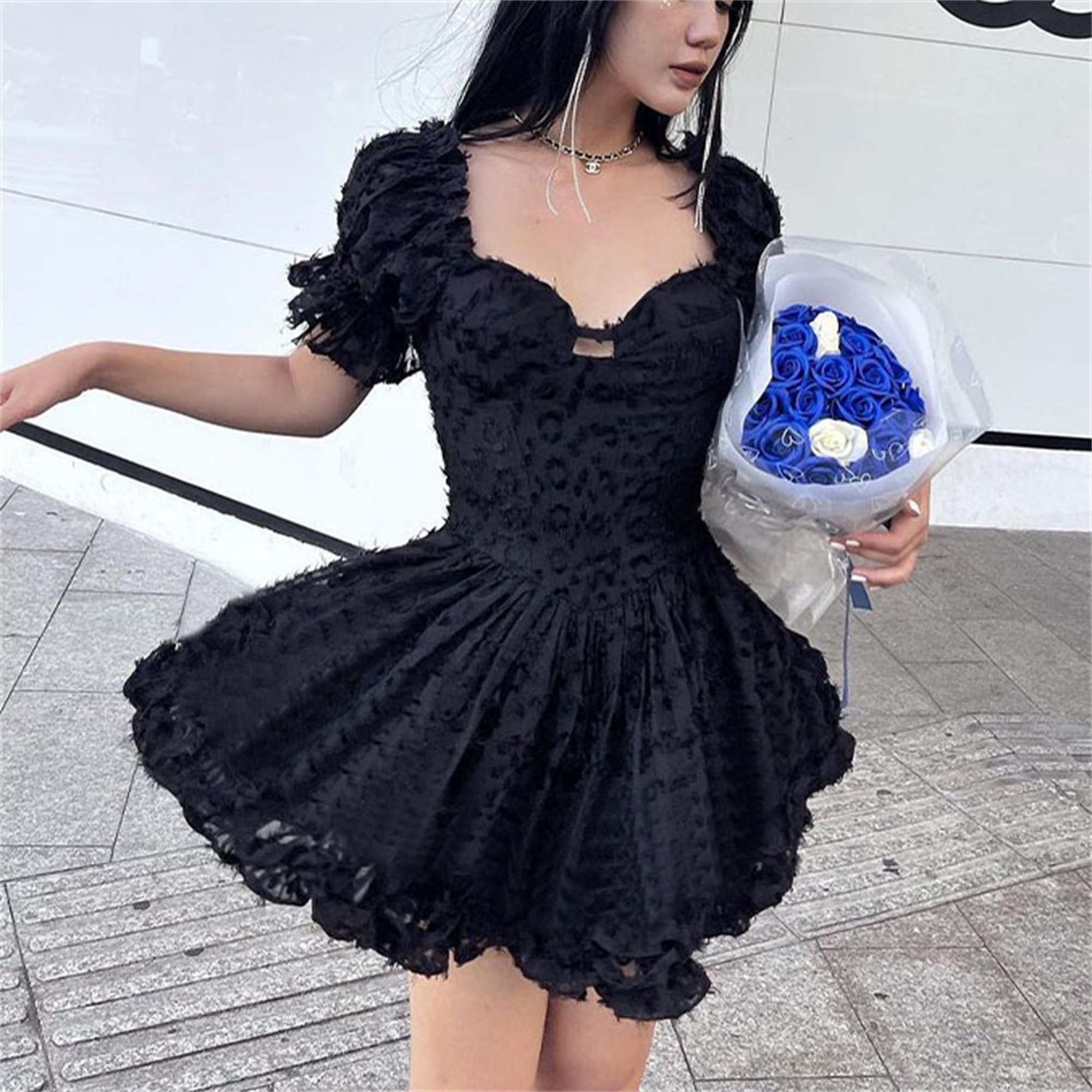 Y2K Sexy Gothic Bubble Sleeve Dress - Retro Jacquard Mesh Patchwork