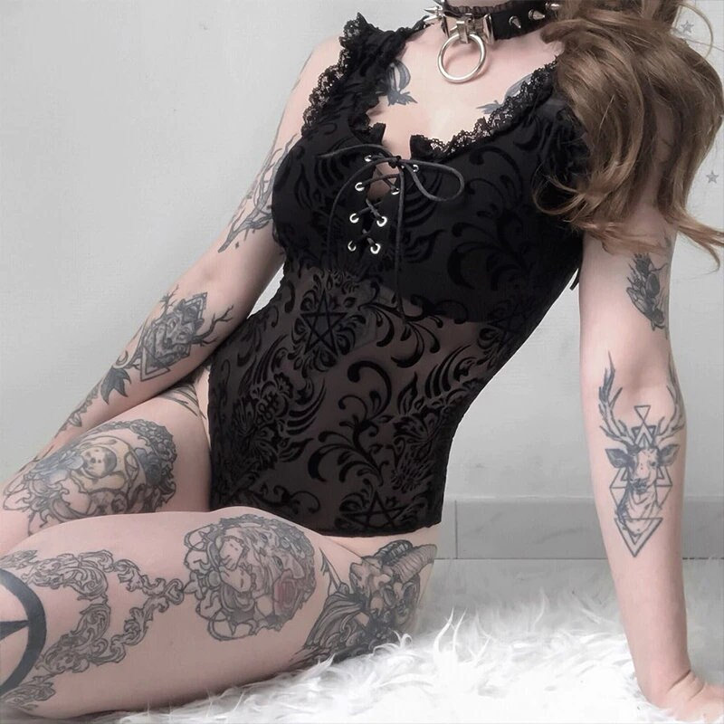 Y2K Sexy Gothic Lolita Egirl See-Through Patchwork Bodysuits