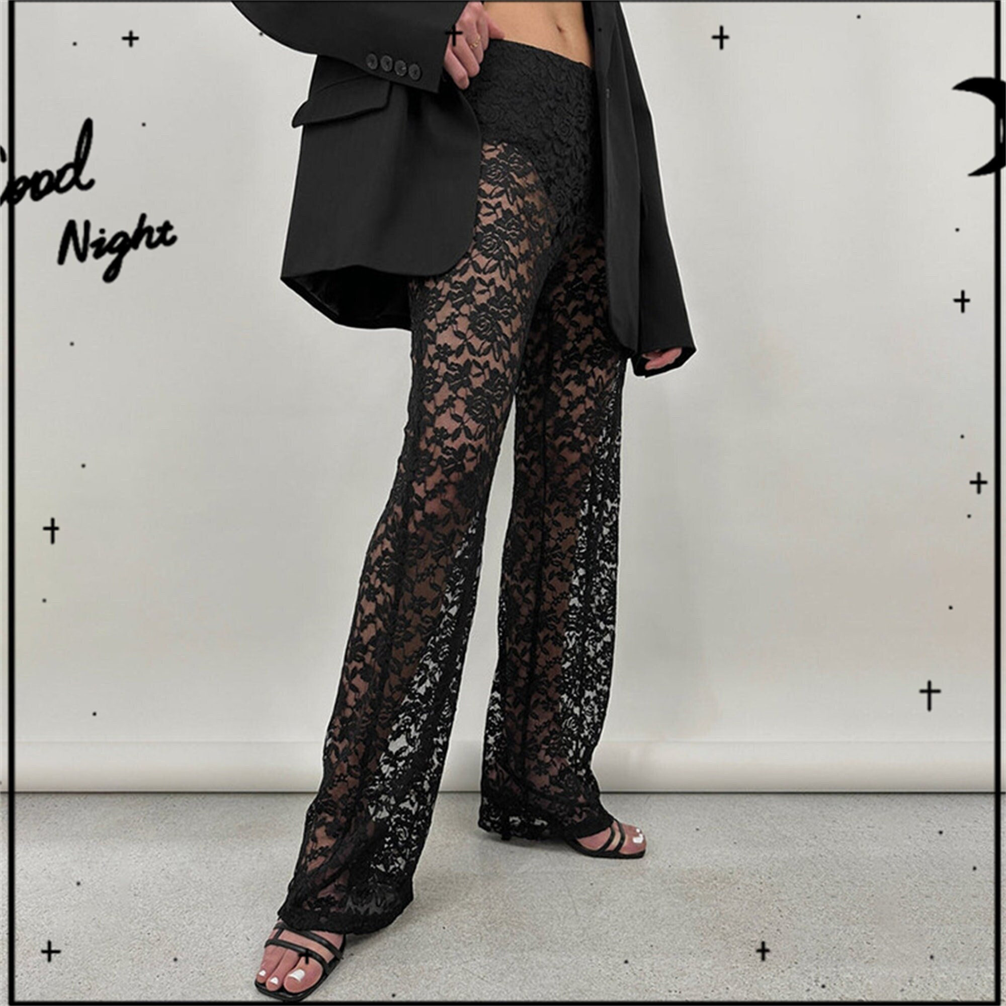 Y2K Sexy Versatile Lace High Waist Pants - Floral Gothic Sheer Slacks