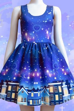 Y2K Skater Dress - Galaxy Constellation Star Print - Scoop Neck