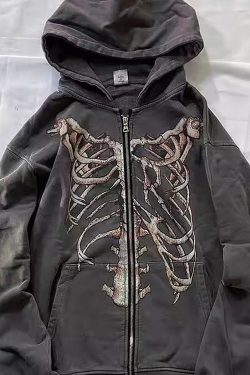 Y2K Skeleton Print Hoodie - Gothic Punk Outwear