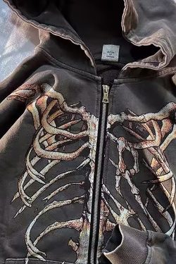 Y2K Skeleton Print Hoodie - Gothic Punk Outwear
