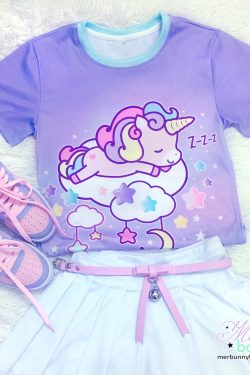 Y2K Sleeping Unicorn T-Shirt - Cute Kawaii Pastel Fairy Kei Tee